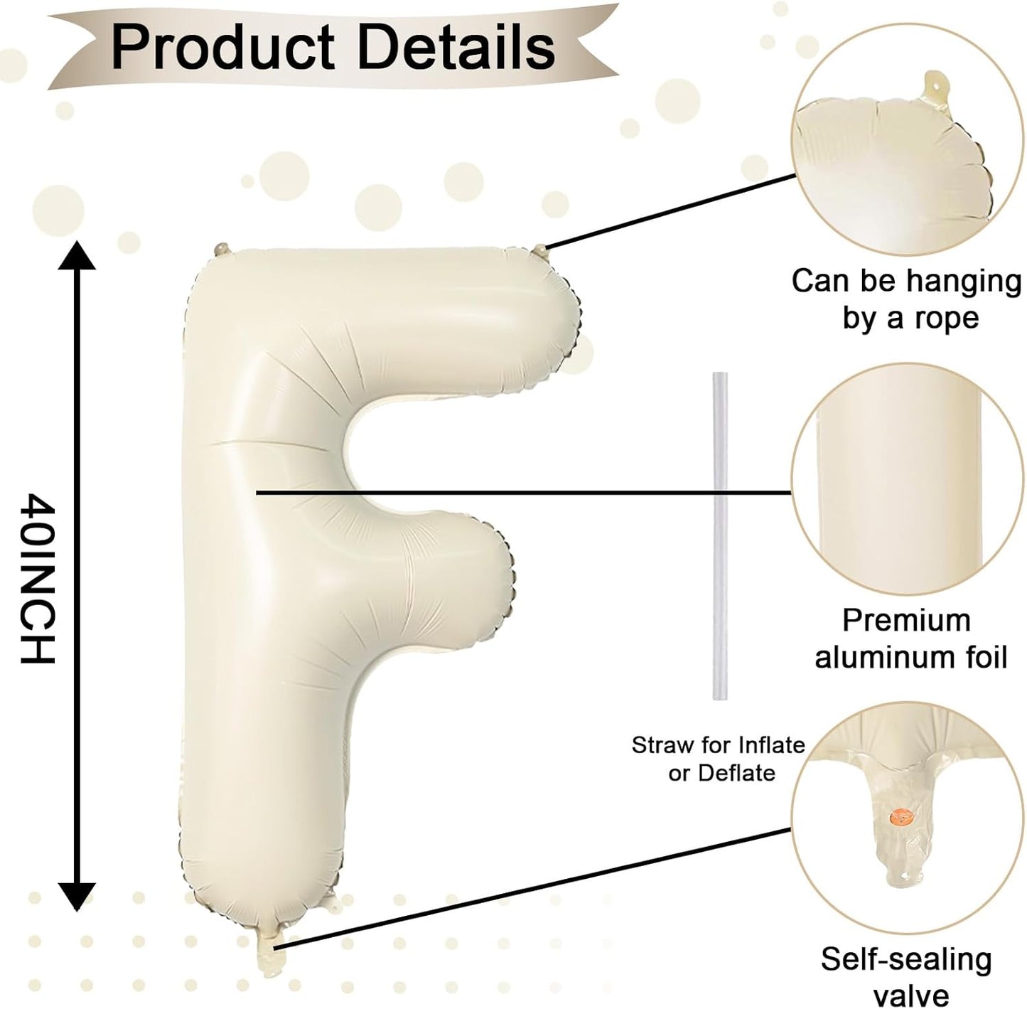 40 Inch Letter Balloons F, Big Custom A-Z Alphabet Foil Name Balloon Cream White, Self Inflating Beige Customize Helium Balloon Letters F for Women Girls Birthday Bride Baby Shower Party Decorations