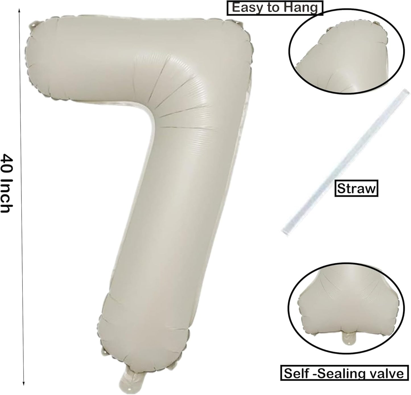 40 Inch Cream White Number 7 Balloon Mylar Big Foil Helium Number 17 27 77 Balloon for Party Decorations,Digital Birthday Party Wedding Decorations, Boy Baby Shower Decorations (Cream No 7)