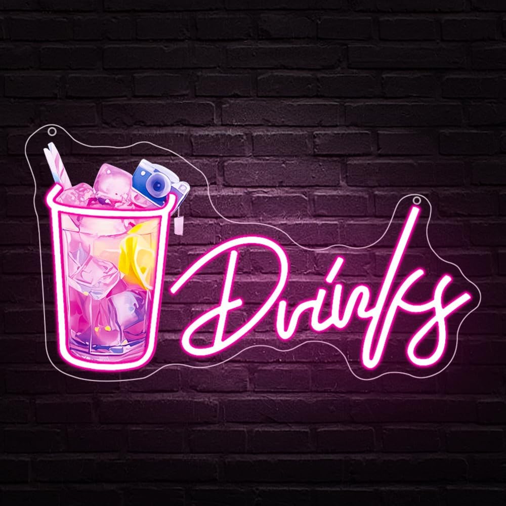 Drinks Neon Signs for Wall Decor,Cool Cocktail Glass LED Sign Art Wall Lights,Lemonade Drinks Neon Signs for Beer Bar Decor,Pub Party,Night Club,Man Cave,Business,Shop