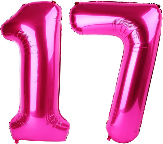Hot Pink Number 17 Birthday Balloon 40 Inch, Digital Balloons for 17 Party Celebration Decorations Supplies, Mylar Foil Numbers Balloon for 17 Wedding Anniversary