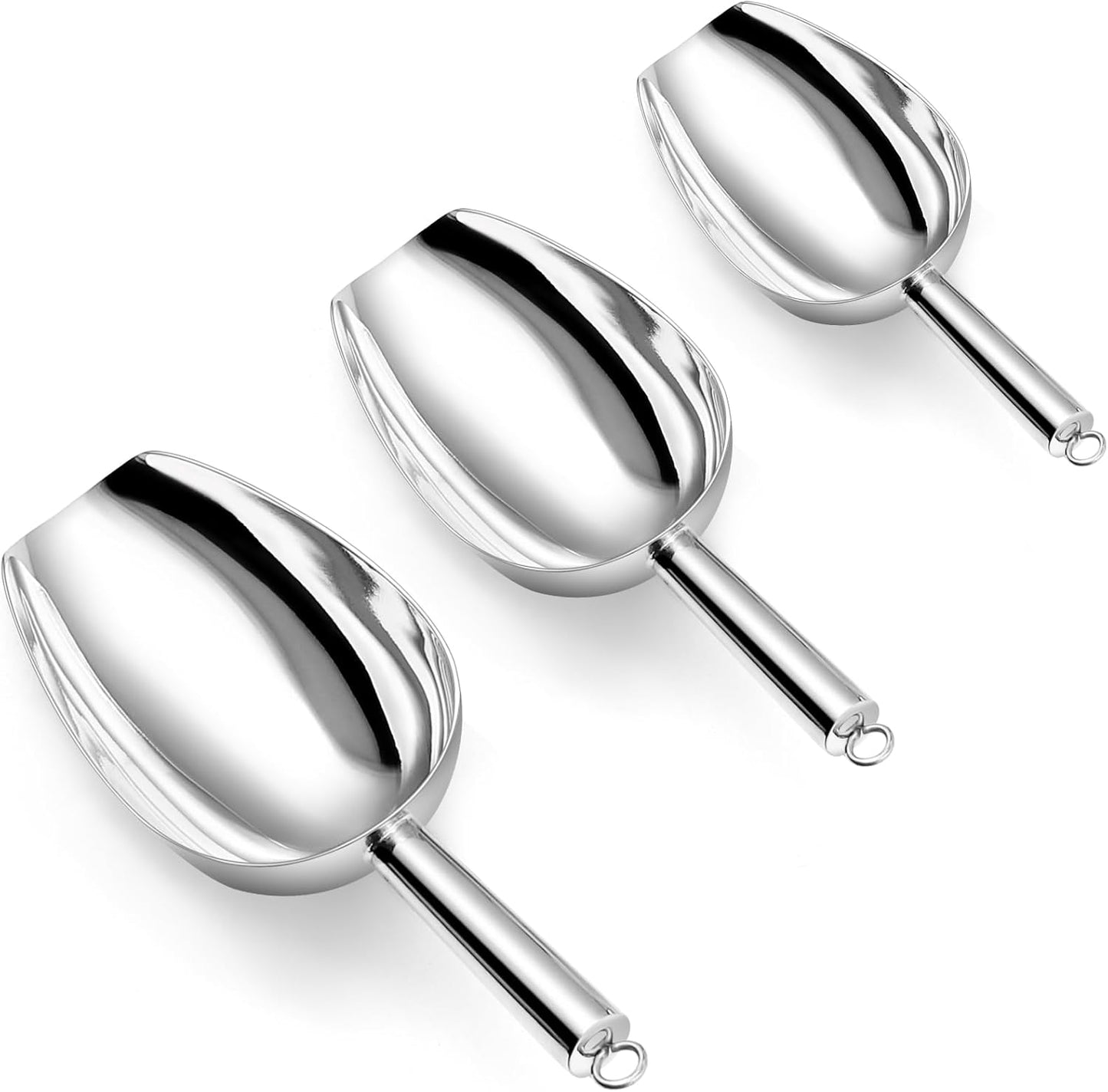 P&P CHEF Canister Scoop Set of 3, Ice Candy Scoop, Stainless Steel Multipurpose Food Scooper for Buffet Jar Freezer, Mirror Finish & Dishwasher Safe, Silver, 8+12+24 Oz