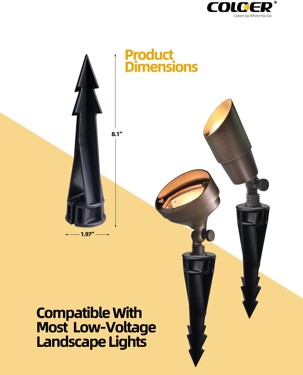 COLOER Landscape Lights 8 Inch In-Ground Stake Spikes Replacement 1/2" NPS Thread with Side Wire Way Medium Size, Heavy Duty Universal Slot Large Ground Post for Outdoor Garden Lights(2 Pack)