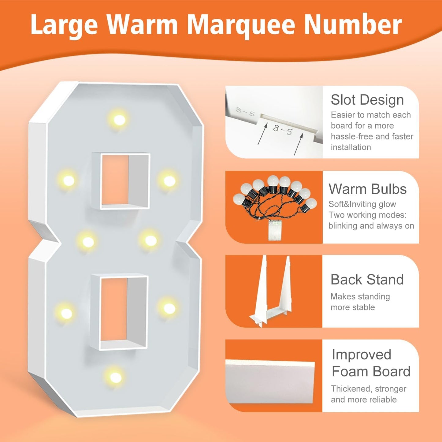 3ft Marquee Numbers, Light Up Numbers 8, 0-9 Warm Yellow LED Light Up Sign for Happy Birthday, Graduation, Wedding, Engagement, Holiday Party Background Arch Decoration