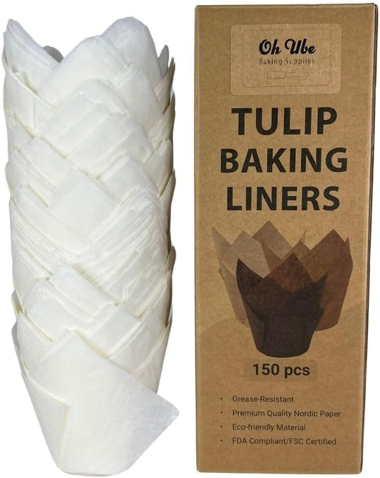 150-Pack Nordic Paper White Tulip Muffin Liners - Odorless, Non-toxic, Grease-Resistant, White Cupcake Baking Cups for Standard Size Muffin Pans for Birthdays, Weddings, Easter