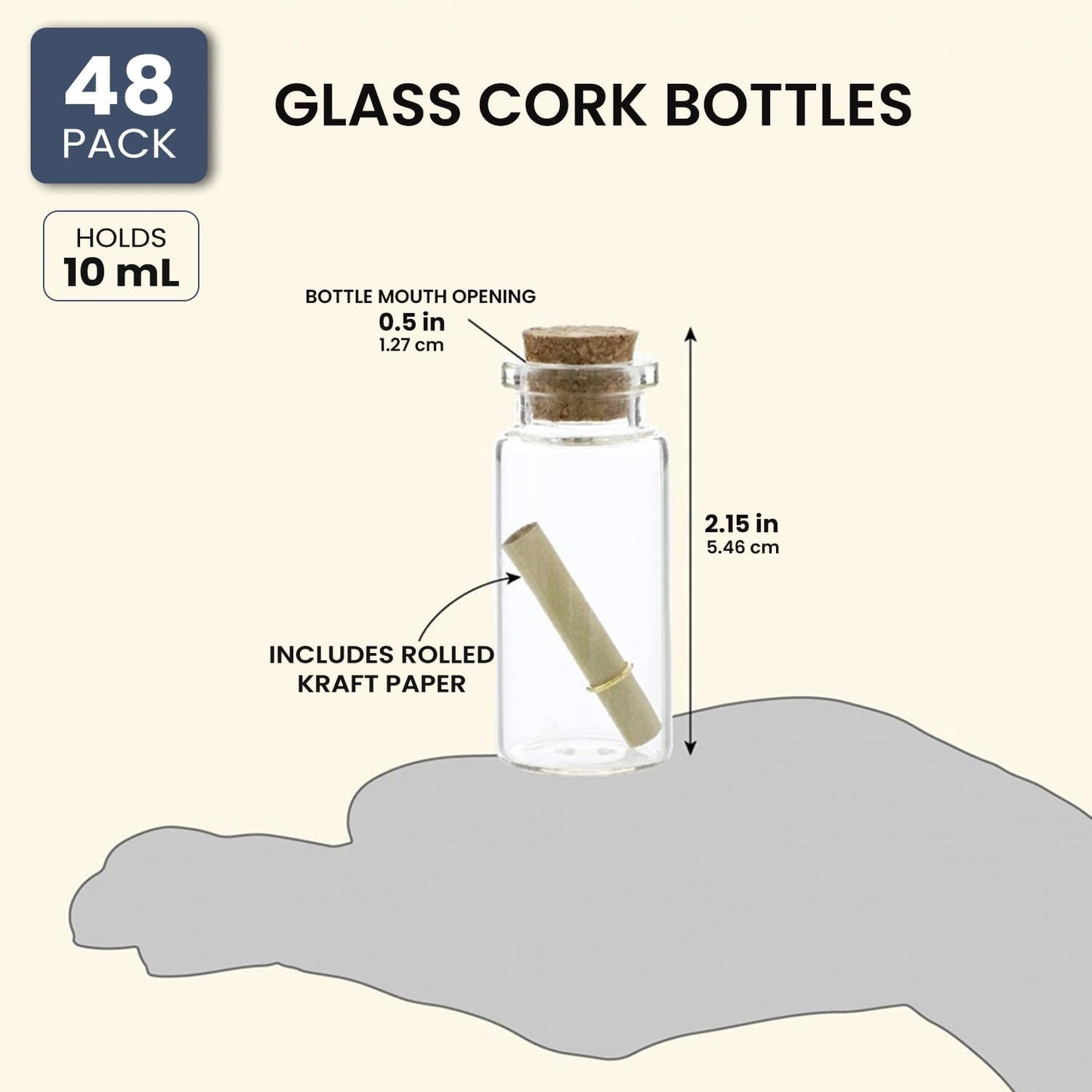 Bright Creations 48 Pack 10ml Create A Message In A Bottle Kit, Bulk Small Glass Cork Bottles with Mini Scrolls for Time Capsules, Wedding Favors