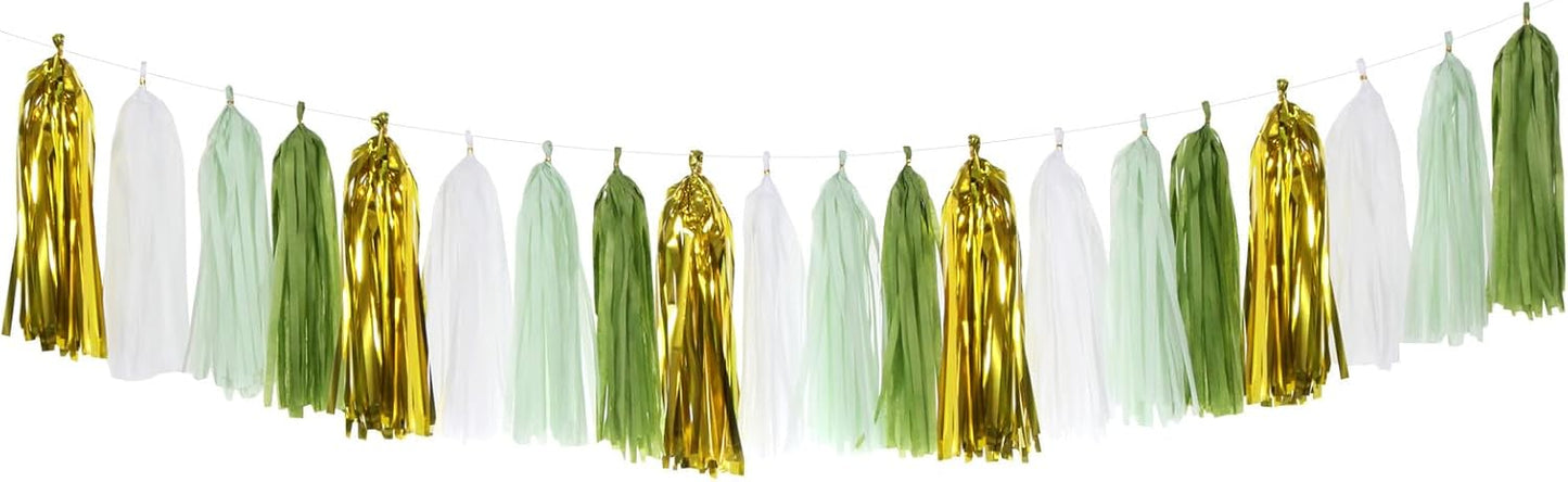 Sage-Olive Green Gold Party-Decorations Tassel-Garland - 20pcs Rustic Wedding Baby Shower Tassels Banner Streamers, Birthday Bachelorette Engagement Bridal Decor Panduola