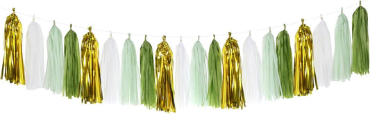 Sage-Olive Green Gold Party-Decorations Tassel-Garland - 20pcs Rustic Wedding Baby Shower Tassels Banner Streamers, Birthday Bachelorette Engagement Bridal Decor Panduola