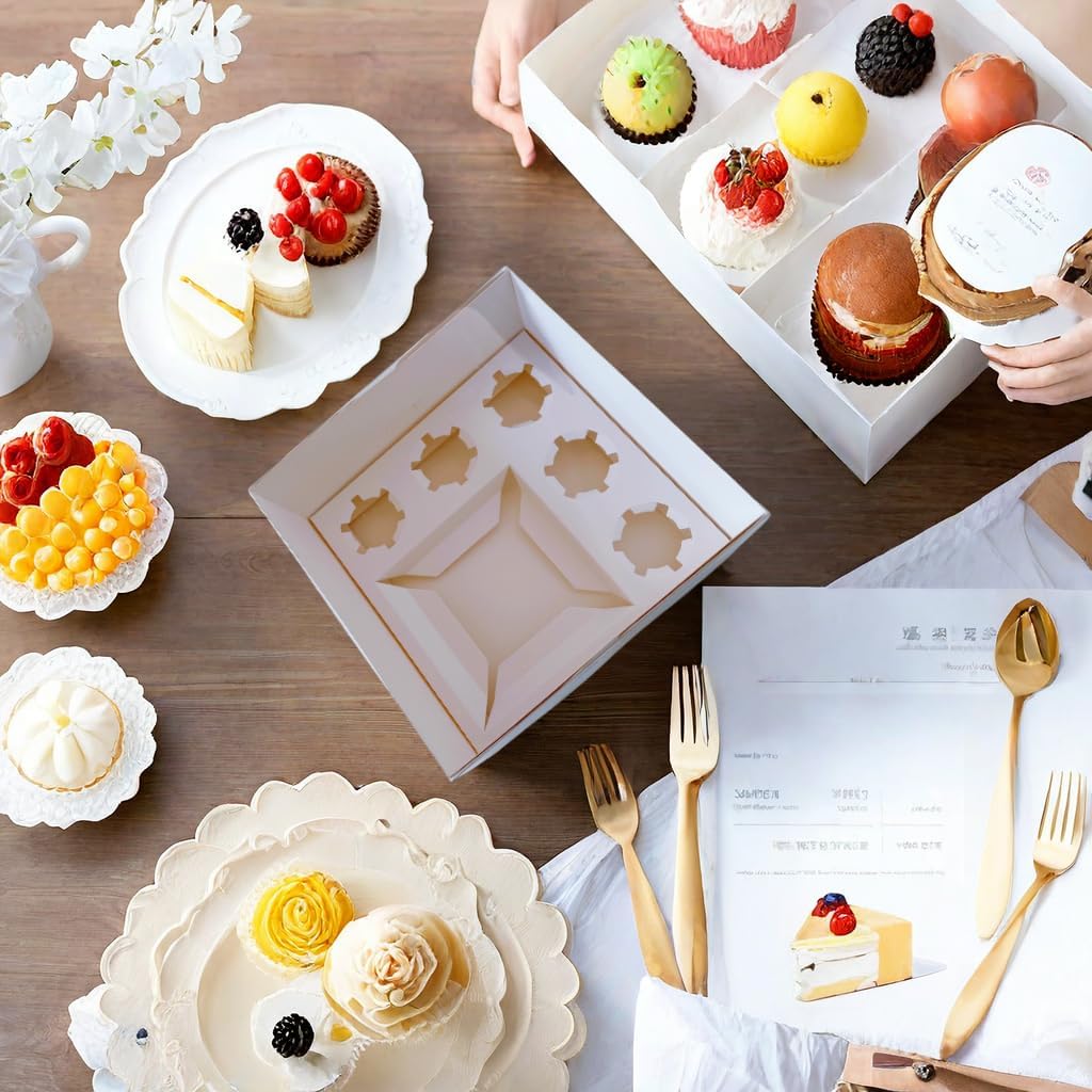 Bento Cake Box - Easy to Assemble White 4-inch Cake and 5 Cupcakes Box With Insert - 5 Sets Base for Family Birthday Party Mother's Day
