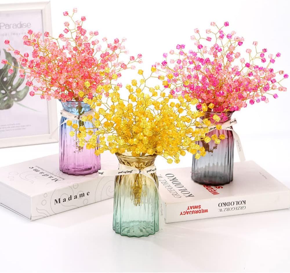 16PCS Crystal Artificial Flowers Bouquets Handmade Acrylic Flower Branches Fake Beaded Baby Breath Floral Crafts for Wedding Party Home Decor