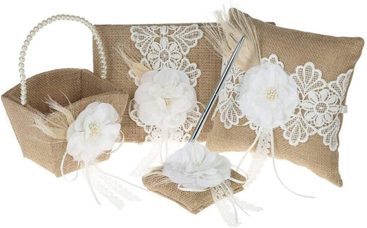 Fbest 4pcs/Set Vintage Rustic Burlap Wedding Supplies Flower Girl Basket + Ring Bearer Pillow + Guest Book + Pen Holder Set