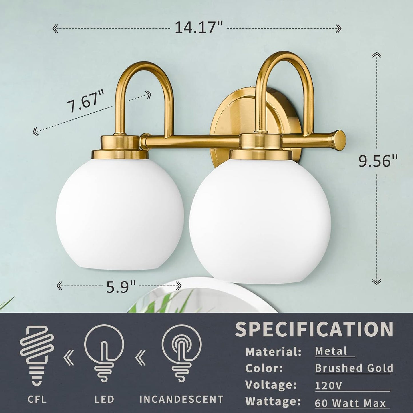 Gold Bathroom Vanity Light Fixtures, 2 Light Modern Over Mirror with White Milk White Globe Glass Shade