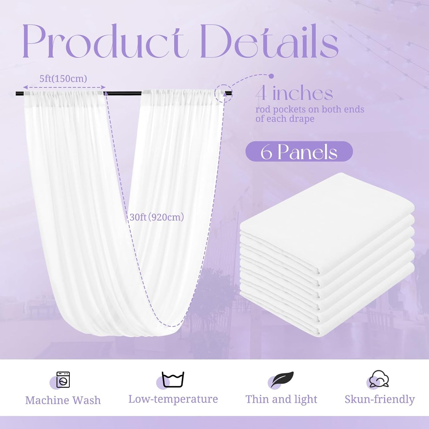 6 Panels White Ceiling Drapes for Wedding, 5ftx30ft Ceiling Drapes Cheesecloth Sheer Fabric Curtain Wedding Arch Draping Fabric Romantic Ceiling Decorations for Wedding Party Ceremony Stage