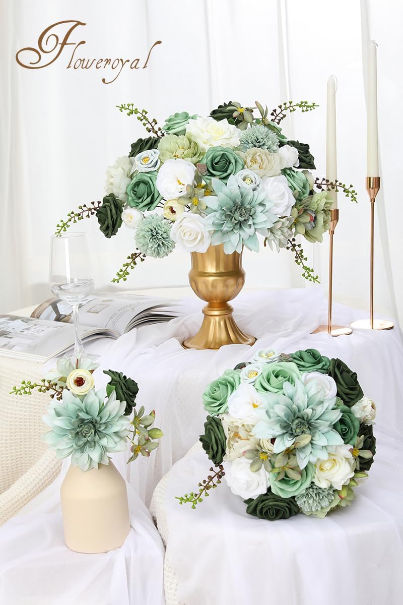 Floweroyal Artificial Flowers Combo Green Flowers Mix Silk Flowers Dahlia Roses with Stems for DIY Wedding Bridal Bouquets, Baby Shower, Floral Arrangement, Table Centerpieces, Home Decorations.