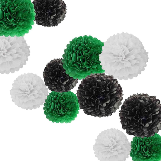 Black Green White Paper Pom Poms - Party Tissue Paper Flowers Balls - Party Hanging Decoration Supplies - Size of 10inch, 12inch, Pack of 12