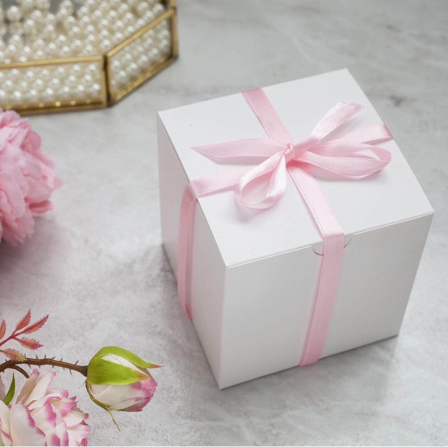 GEFTOL Small White Gift Box - 50 Pack, 4x4x4 inches, Fold & Assemble Paper Box for Bridesmaids, Proposals, Birthdays, Christmas (White)