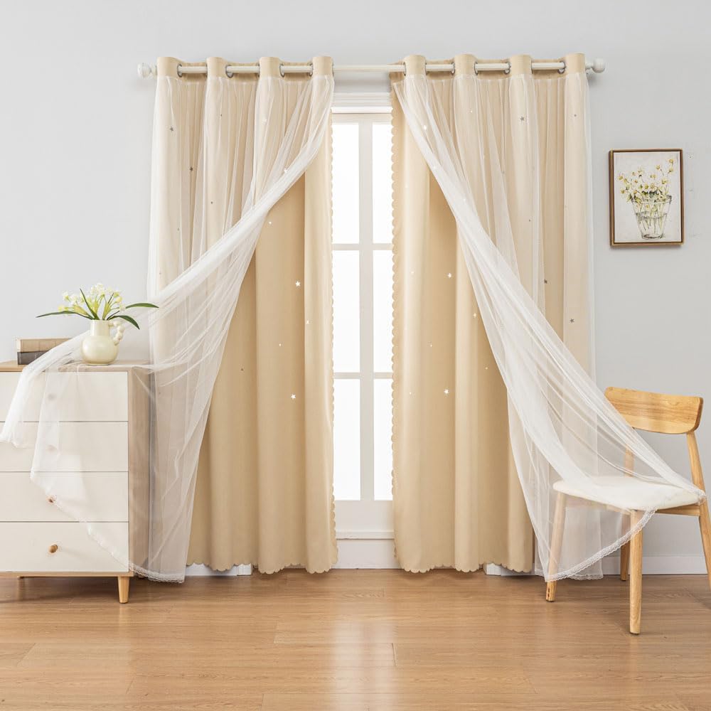 FANLI 2 Panels Star Blackout Curtains for Kid Girls Bedroom Living Room Darking Stripe Double Layer Star Cut Out Wall Home Decor Gradient Grommet Window Curtains (Beige 95L)