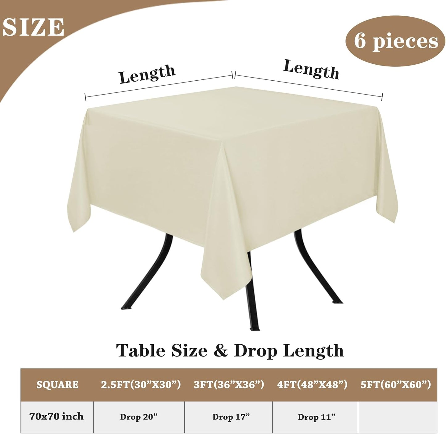 Fitable 6 Pack Square Tablecloths - 70 x 70 Inches - Stain Resistant and Reusable Table Clothes, Ivory Polyester Fabric Table Covers for Dining, Card Tables, Coffee Tables