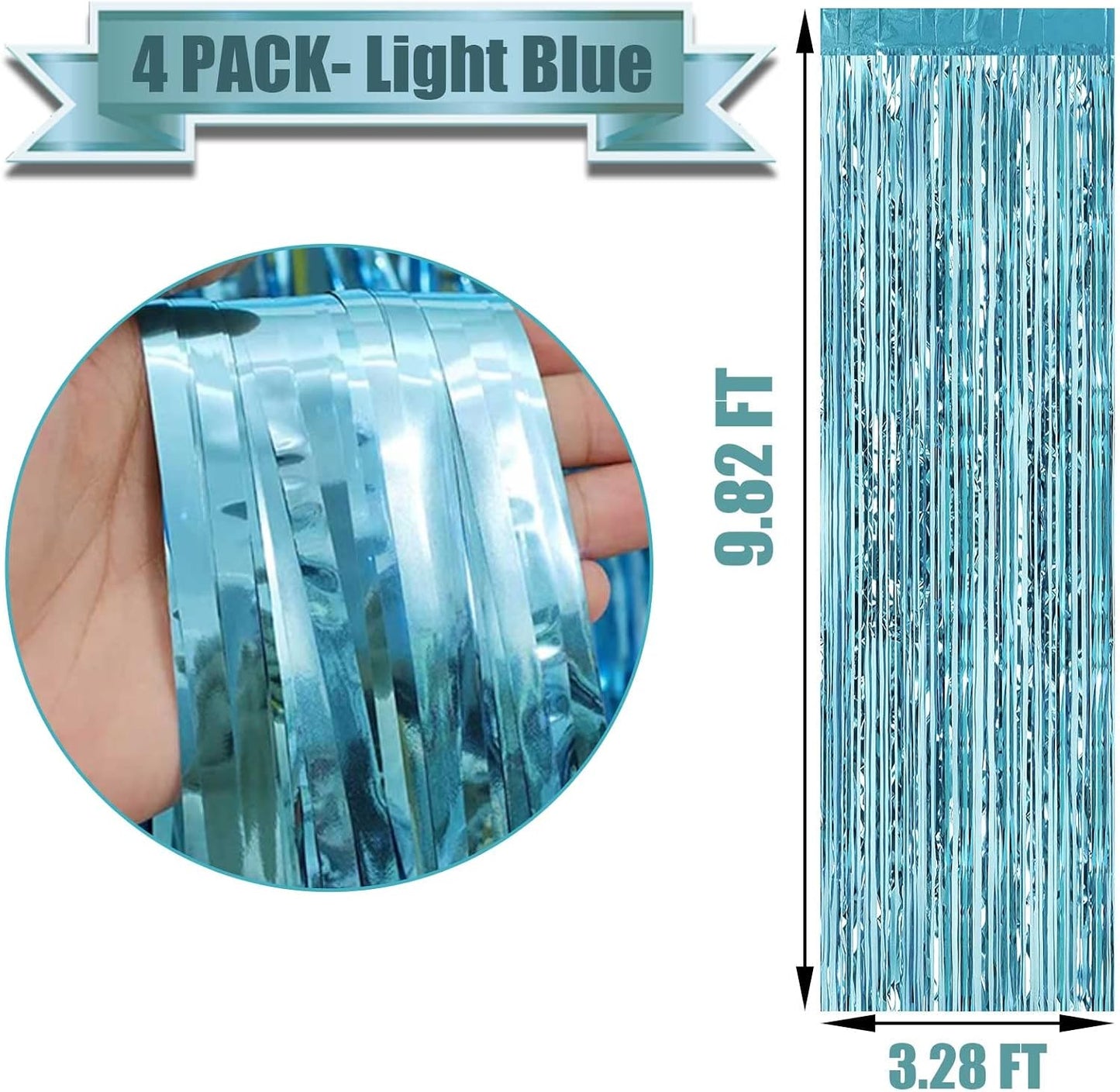 4 Pack Light Blue Foil Fringe Curtain Backdrop, 3.3Ft x 9.8Ft Metallic Tinsel Foil Fringe Streamers Curtains for Photo Booth, Wedding, Thanksgiving, Birthday, Christmas, Halloween Party Decoration