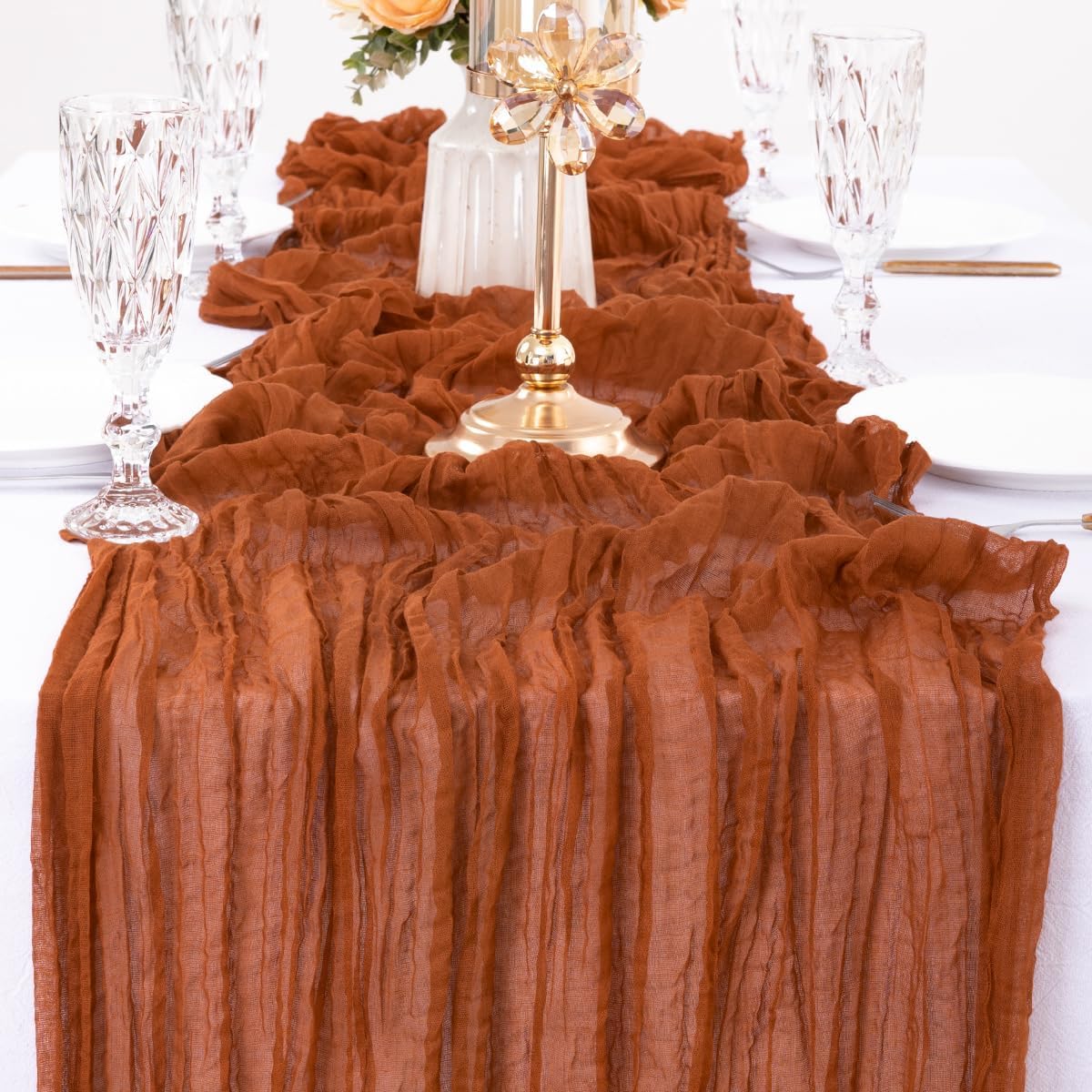 MLMW 10 Pack Fall Thanksgiving Table Runner Cheesecloth Autumn Harvest Rust Terracotta Cheese Cloth Boho Gauze 160 inch Table Runner 13.3ft for Wedding Party Baby Bridal Shower Birthday