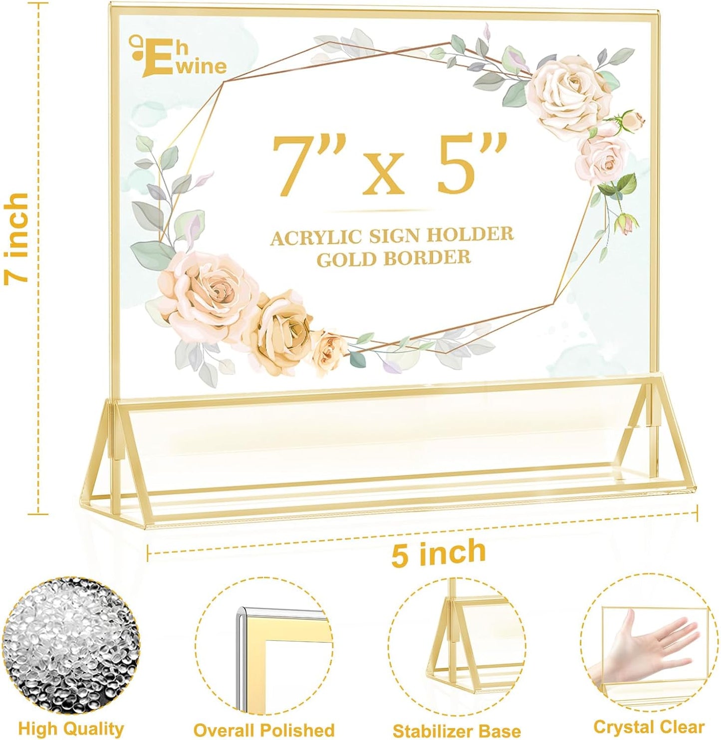 EHWINE 12 Pack Acrylic Sign Holder 5 x 7 Horizontal, Double-Sided Stand up Table Top Sign Holders, Gold Acrylic Picture Frame Menu Flyer Paper Holder Display Stand for Office Business Store Wedding Party