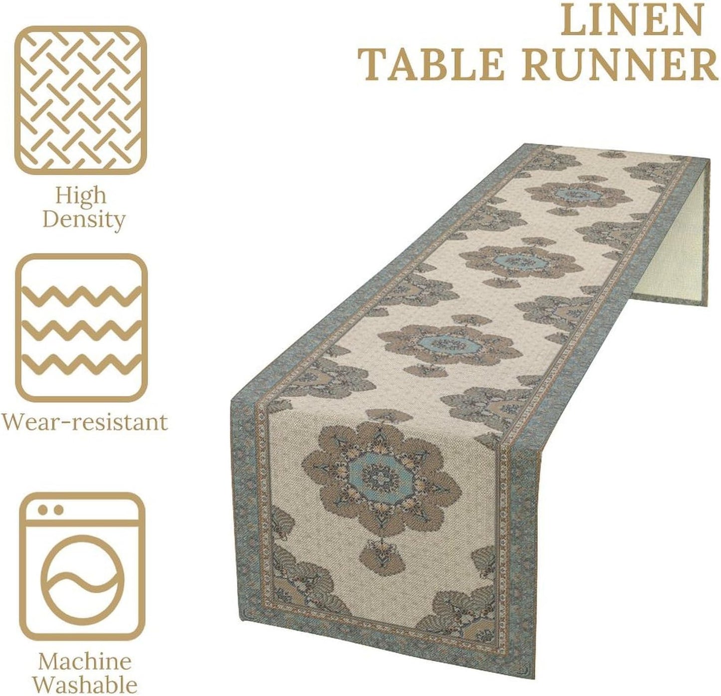 Boho Bohemia Style Table Runner, Vintage Teal Brown Retro Flower Rustic Country Style Floral Print Pattern for Home Kitchen Table Decor Dining Coffee Room Garden Party Decor 13x90in