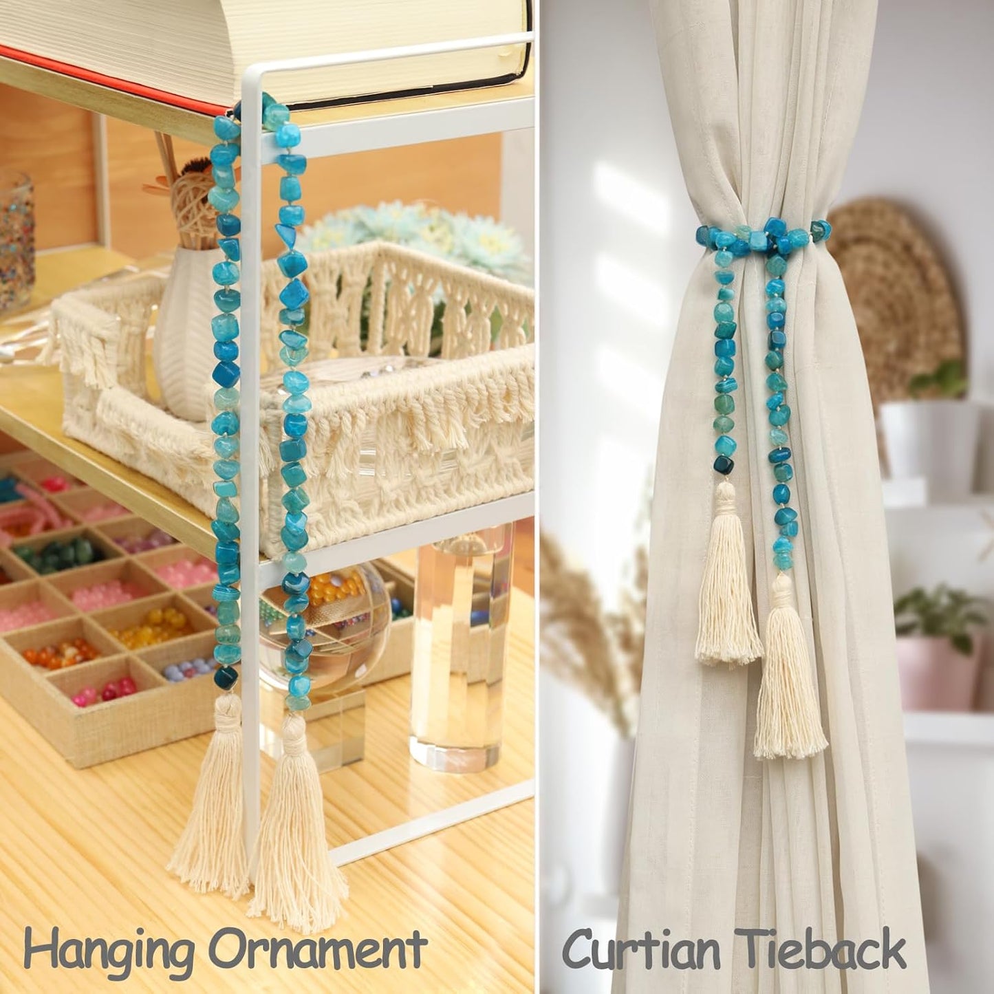 Agate Stone Hand Knotted Garland Modern Farmhouse Rustic Table Home Decor, 30inch Meditation Accessories with Tassel, Prayer Healing Beads Boho Wall Shelf Hanging Decoration (Sky Blue)