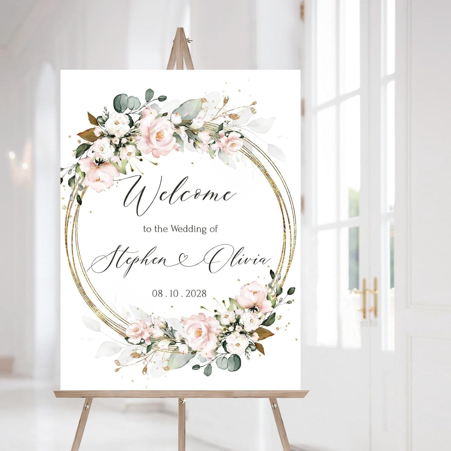 Personalized Wedding Welcome Sign, Gold Circle Pink Flowers Wedding Sign Signage 12" X 18" (Small), 27" (Medium), 36" (Large), Plastic, Modern, Pole Mount, Weather