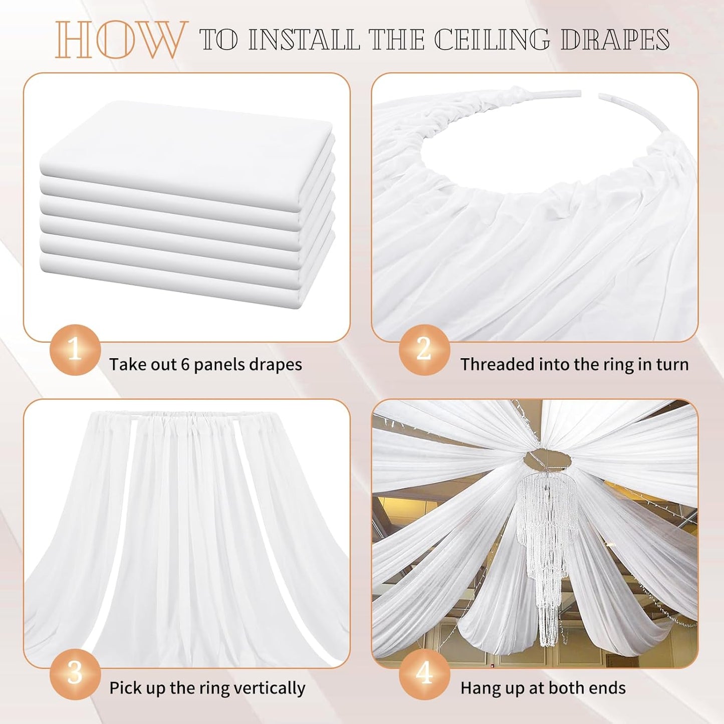 6 Panels White Ceiling Drapes for Wedding 5ftx15ft Sheer Drapery Chiffon Fabric Arch Draping Curtains for Party Ceremony Birthday Baby Shower Reception Stage Ceiling Decorations