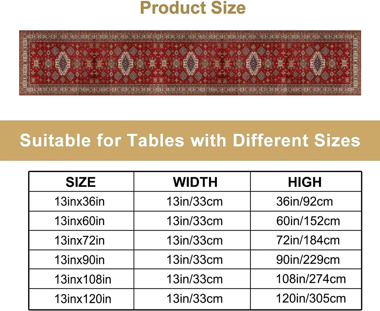Boho Floral Vintage Table Runner, Retro Red Brown Flower Rustic Country Farmhouse Abstract Pattern for Home Kitchen Table Decor Dining Coffee Room Party Decor 13x108in