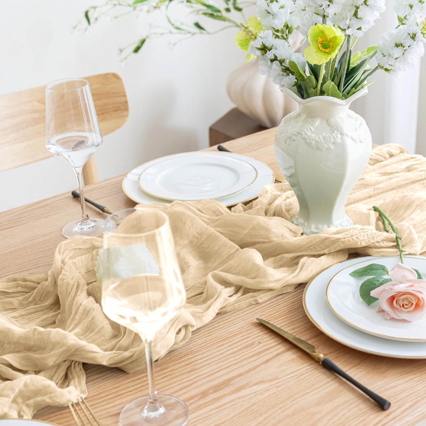 Asee'm 6pcs Cheesecloth Table Runner 120 Inches Long Sand Boho Gauze Cheese Cloth Runner 10FT Rustic Sheer Table Runners for Christmas Wedding Party Baby Shower Spring Easter Decoration