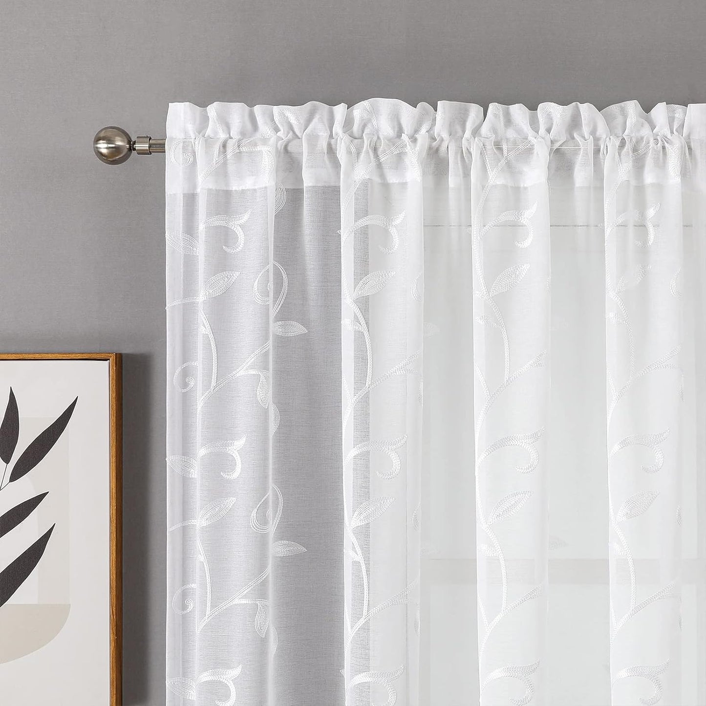 VISIONTEX White Sheer Voile Curtains, Decorative White Embroidery Faux Linen Rod Pocket Window Drapes for Home Kitchen, Living Room and Bedroom 54 x 108 Inch, Set of 2 Curtain Panels