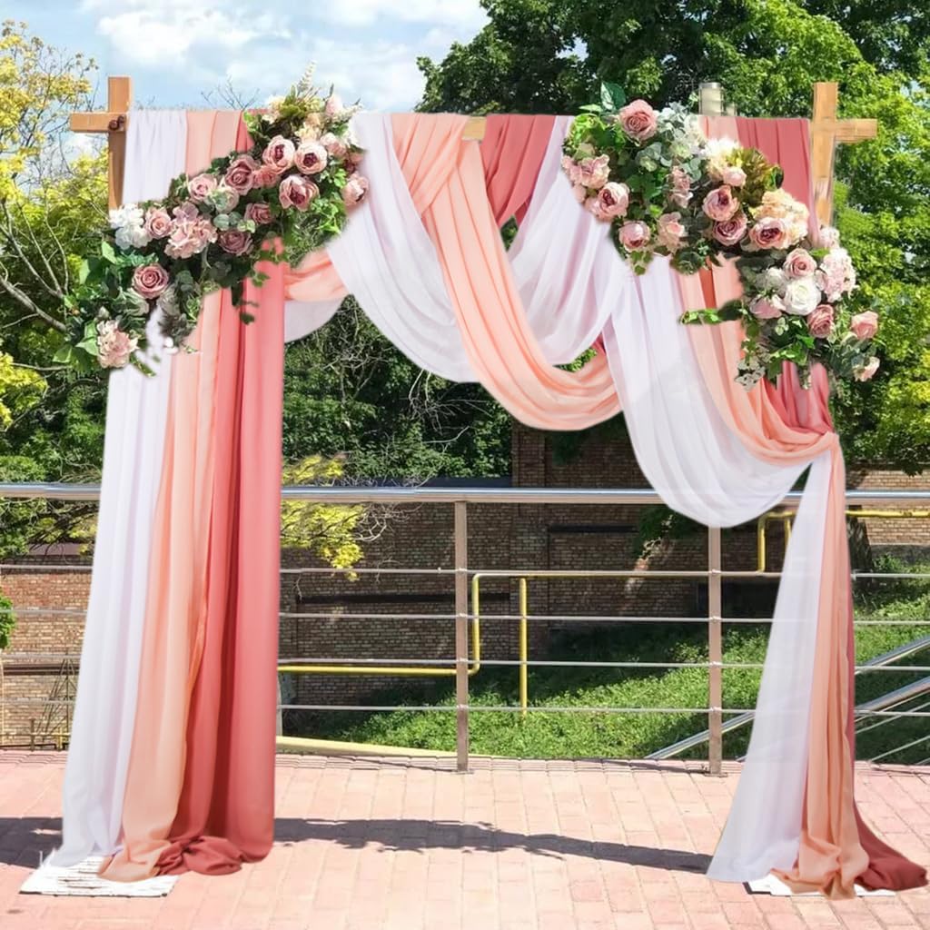 3 Panels Dusty Rose Arch Drapery 20Ft Chiffon Drapes Sheer Hanging for Wedding Background Stage Bridal Shower Decoration (White+Peach+Dusty Rose)