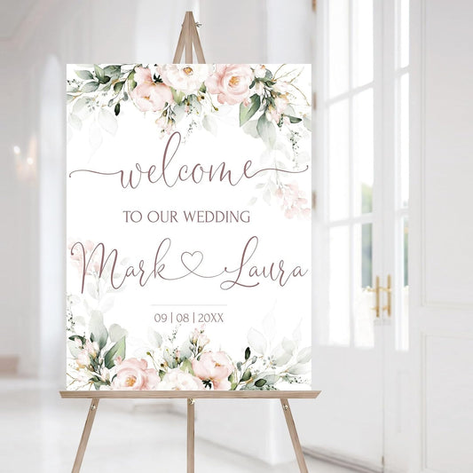 Personalized Wedding Welcome Sign, Blush Pink Floral Wedding Sign Signage 12" X 18" (Small), 27" (Medium), 36" (Large), Plastic, Modern, Pole Mount, Weather