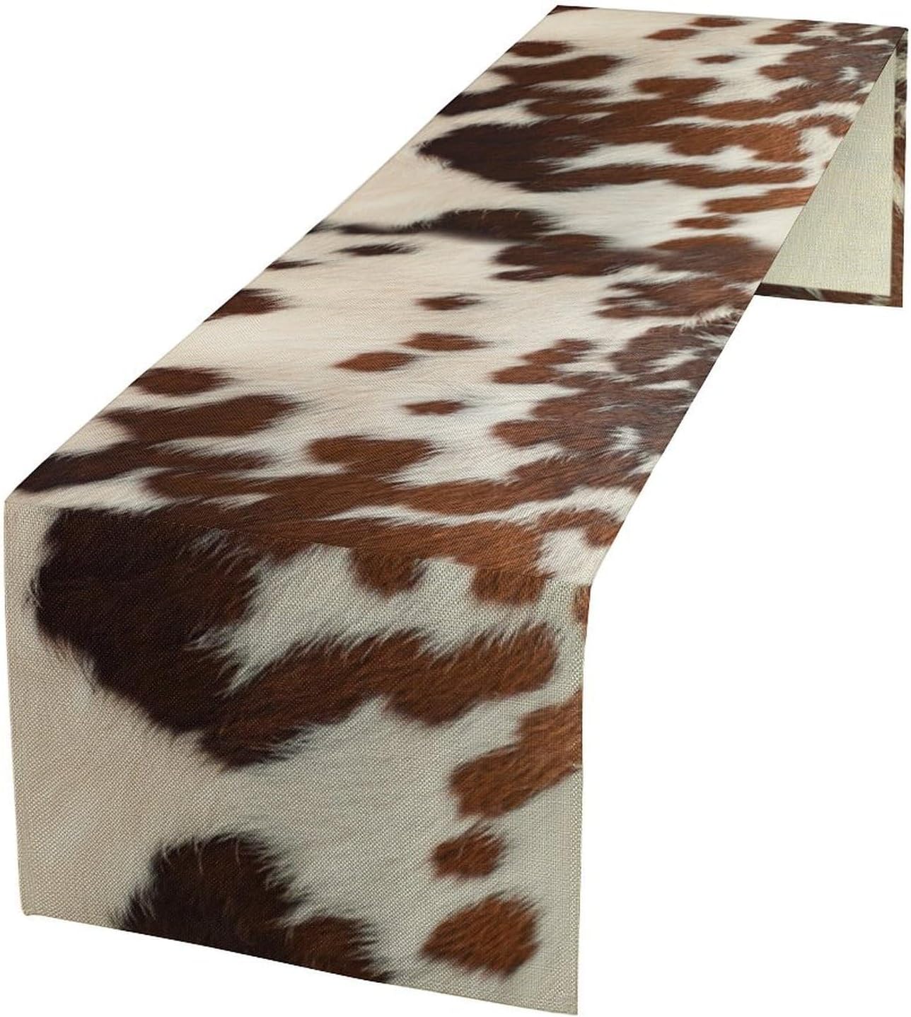 Farmhouse Cow Skin Print Table Runner, Safari Wildlife Brown Country Farm Cowhide Pattern Cotton Linen Rustic Cottage Table Runner for Dinning Home Party Holidays Home Setting, 13x108 Inch