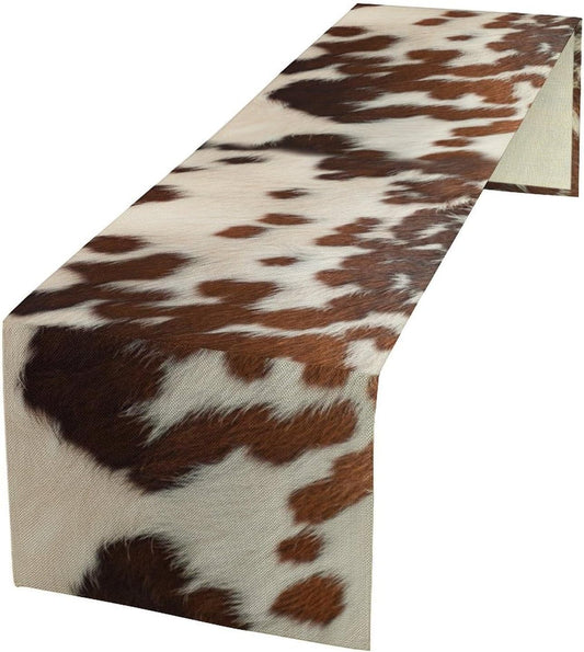 Farmhouse Cow Skin Print Table Runner, Safari Wildlife Brown Country Farm Cowhide Pattern Cotton Linen Rustic Cottage Table Runner for Dinning Home Party Holidays Home Setting, 13x70 Inch