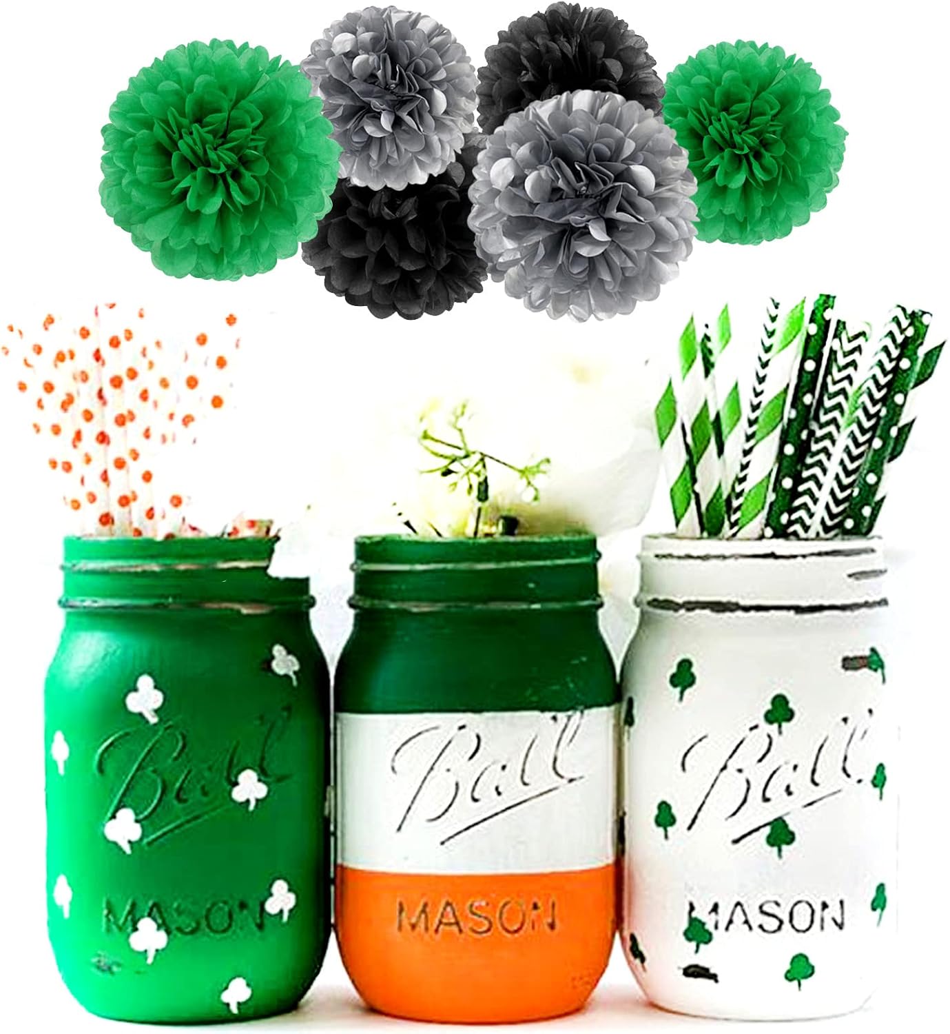 Black Green Silver Football Party-Decorations - 30pcs Soccer Graduation Streamers,Tissue Pom Poms,Tassel Garland Backdrop Men Boys Birthday Spring Sunmer Bunting Jungle theme Banner Lasting Surprise