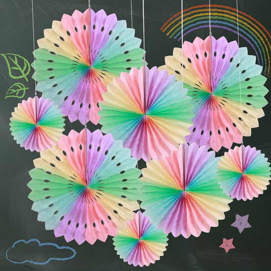 SUNBEAUTY Paper Fan, Pastel Flowers, Decor for Wall, Rainbow Decorations Hanging, Macarons Paper Fans Backdrop for Tea Party Weddding Spring Birthday Classroom Baby Shower -11 Pcs