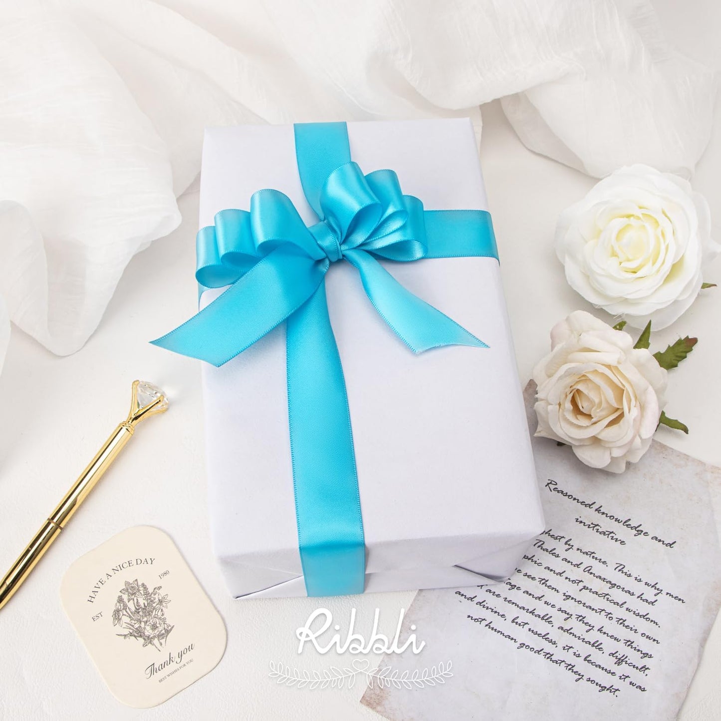 Ribbli Turquoise Blue Double Faced Satin Ribbon,1” x Continuous 25 Yards,Use for Bows Bouquet,Gift Wrapping,Wedding Decoration