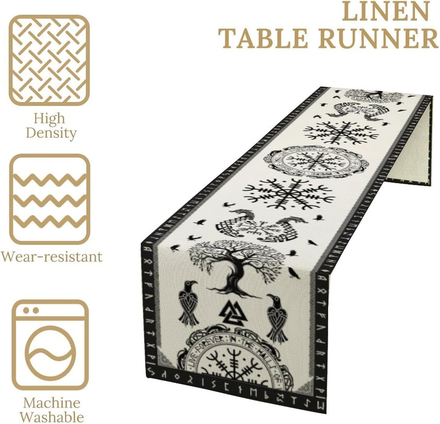 Ancient Abstract Pattern Table Runner, Tree of Life Eagle Dragon Boat Rudder Black and White Table Runner 13x108 Inch
