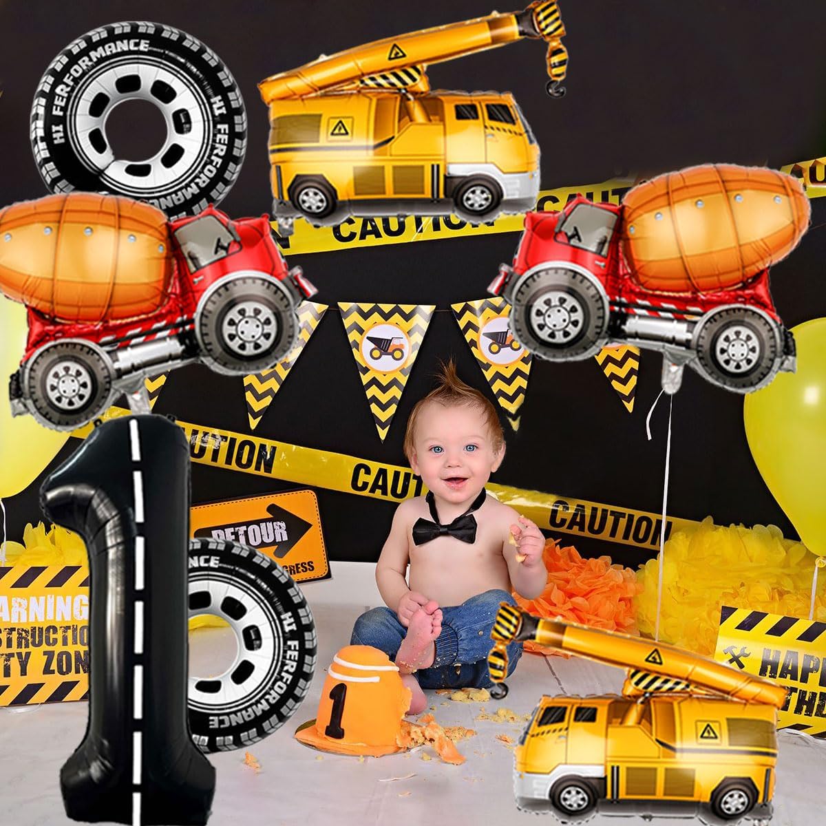 1st Birthday Decorations for Boys Construction Balloons 40inch Number 1 Balloons Truck Foil Balloon for Construction Birthday Party Decorations Supplies
