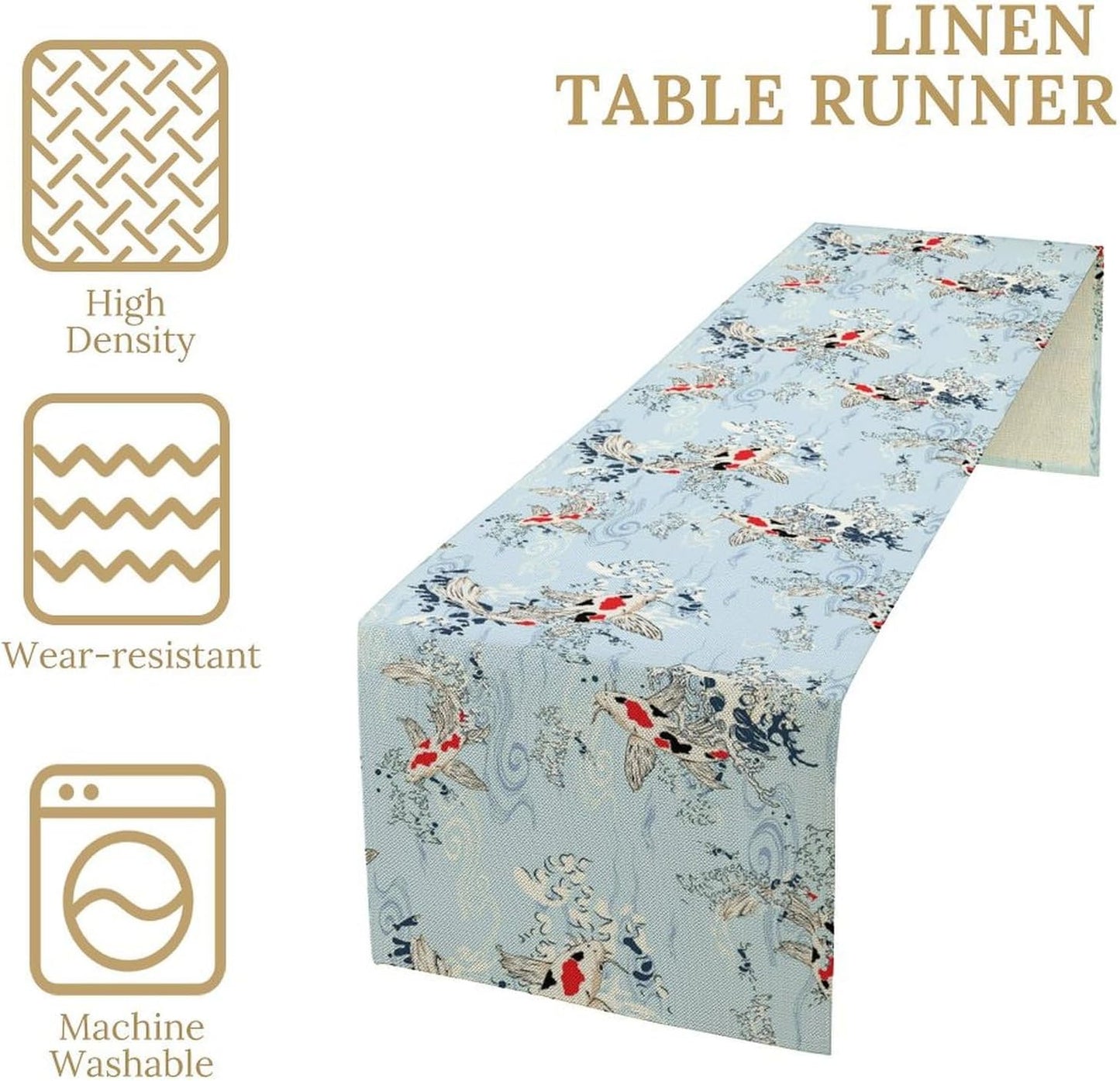 Kio Fish Table Runner Waves Retro Japanese Tradition Art Printed Burlap Runner Home Kitchen Dining Table Living Room Decor Fabric 1 Panel W13xL90in