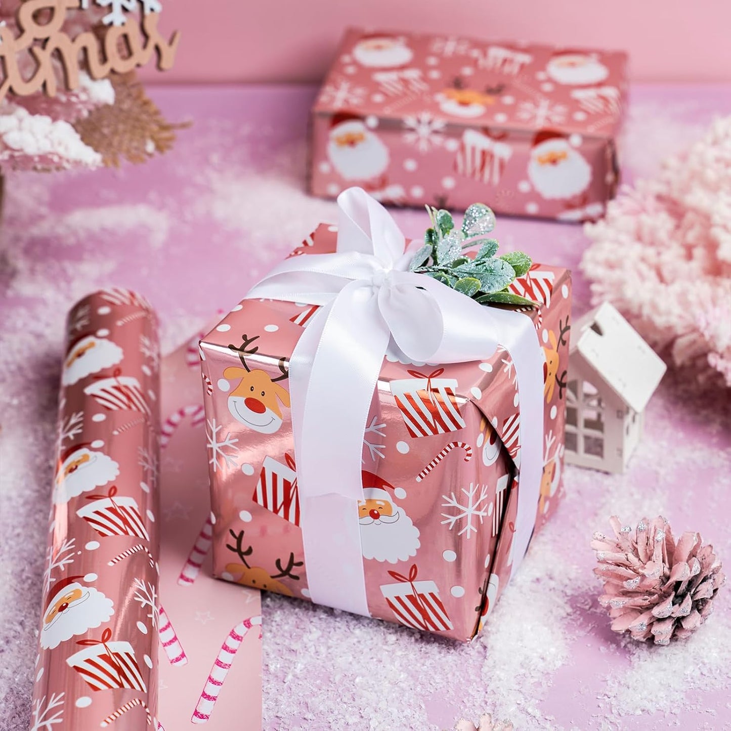 LeZakaa Christmas Pink Wrapping Paper Jumbo Roll, Santa Claus & Candy Cane, Metallic Foil, Rose Gold Foil Reversible Design for Festive Winter Holiday, Family Gathering, 30 inches x 32.8 Feet