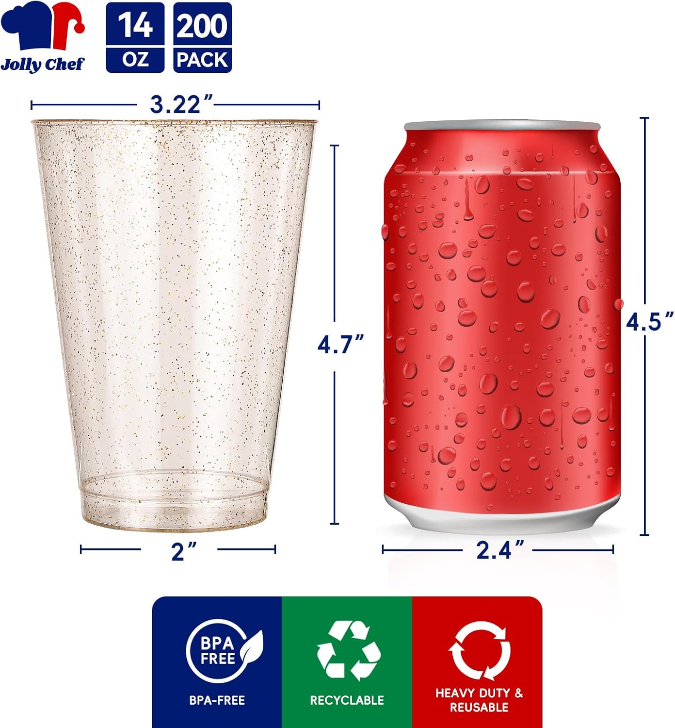 JOLLY CHEF 14 oz 200 Pack Gold Plastic Cups, Gold Glitter Heavy-Duty Disposable Cups Party Cups Tumblers, Ideal for Wedding & Party