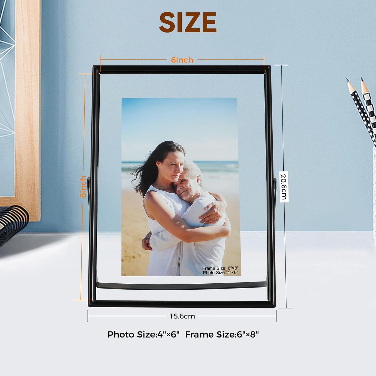 Black Floating Frame (6"x8", Vertical), For Picture 5x7, 4x6, 3x5, Tabletop Shelf Photo Frame, Classy Gift For Anniversary, Wedding, or Birthday