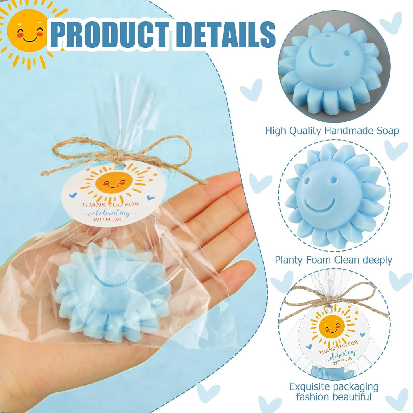 Demissle 40 Pcs Sun Soap Baby Shower Favors for Sunshine Party Here Comes the Son Baby Favors Mini Handmade Soap Gifts with Thank You Card for Guest Gender Reveal Party Decor(Blue)