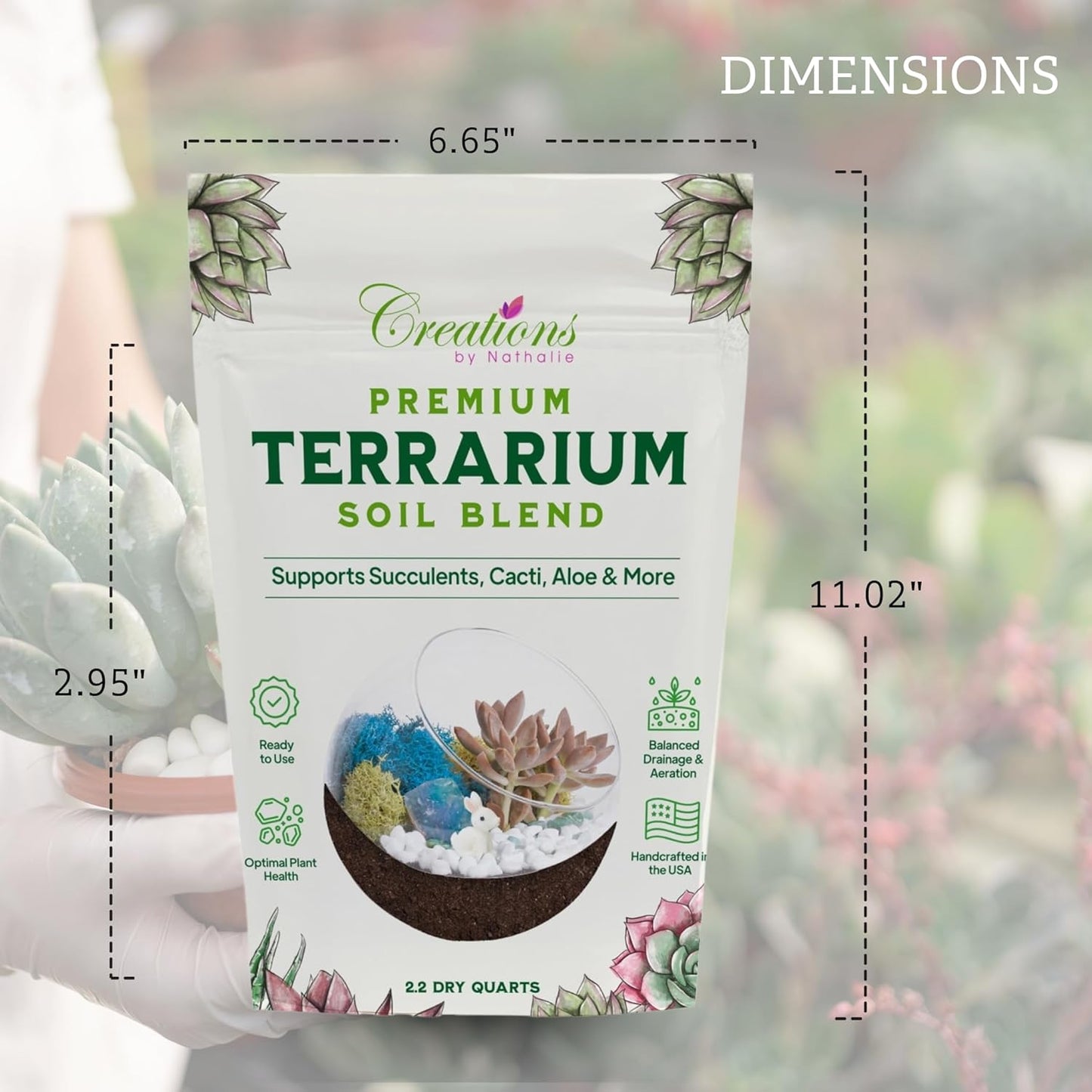 Terrarium Soil Blend - Well Draining Potting Soil for Live Succulents, Cactus, Aloe - Terrarium Supplies, Natural Pine Bark, Peat, Coarse Sand - Indoor Planting Mix Bag