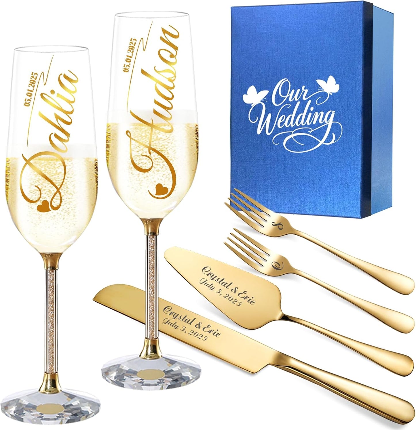 HJX Personalized Wedding Cake Knife and Server Set with Champagne Flutes, Custom Name Text Toasting Glasses for Bride and Groom, Cake Cutting Set Ideal Wedding Engagement Bridal Shower Gift
