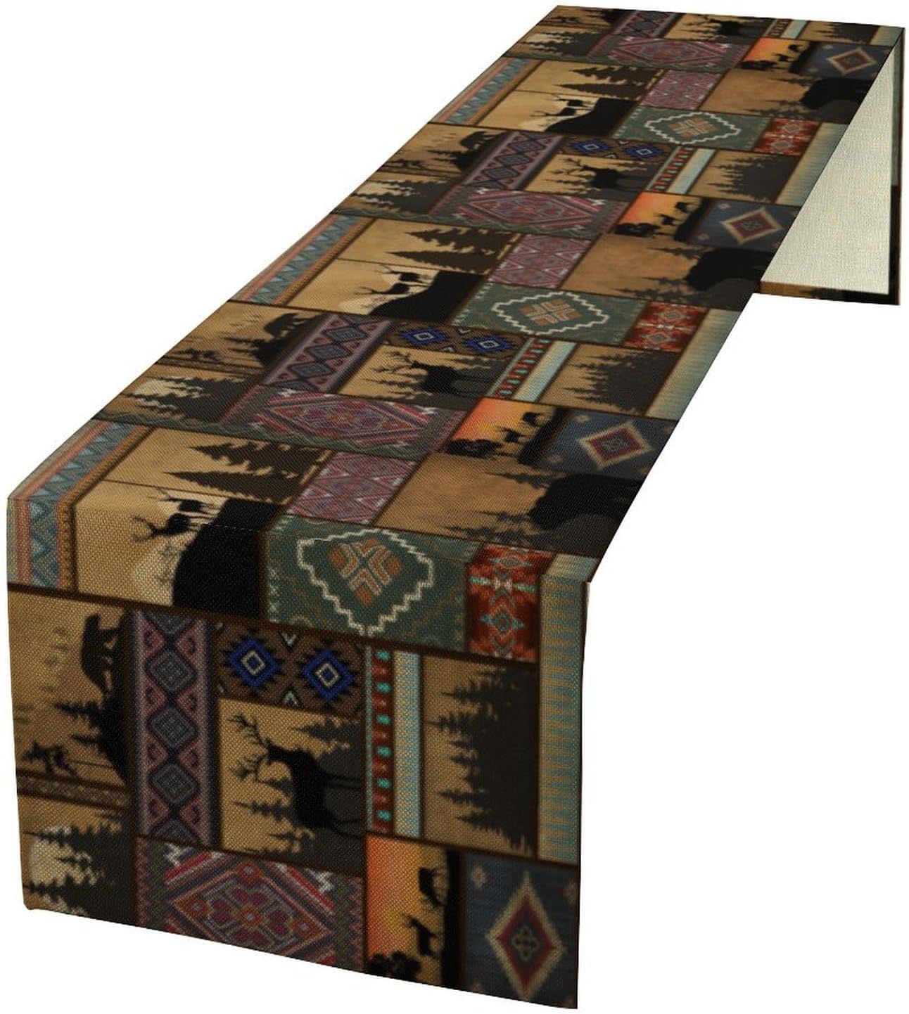 Rustic Cabin Bear Aztec Table Runner, Retro Brown Bear Rustic Theme Geometry Decoration for Home Dinner Party Living Room Bedroom Table Runner 13x70 Inch
