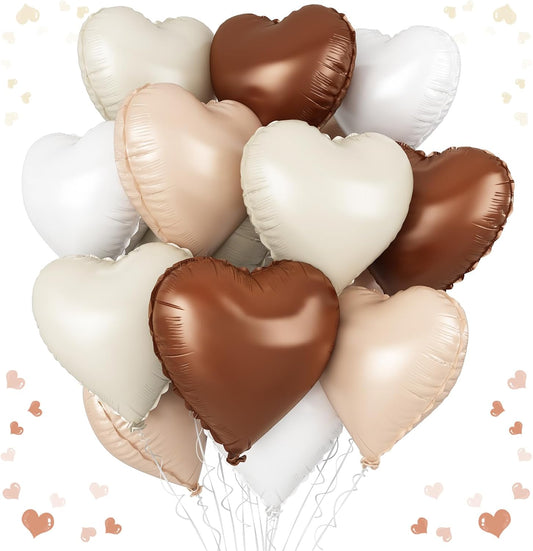 Brown Cream Heart Balloons, 18 Inch Apricot Beige Heart Shape Balloon, 12PCS White Coffee Helium Nude Neutral Heart Balloons for Girls Boho Birthday Marriage Engagement Wedding Party Decoration