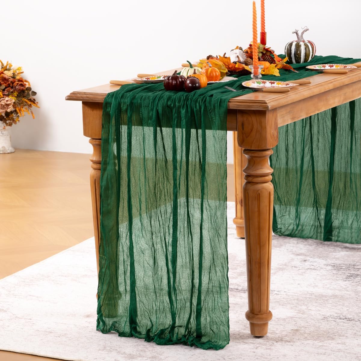 Emerald Green Cheesecloth Table Runner 12 Pack Fall Table Runners Boho Gauze 120 Inches Green Cheese Cloth Fall Table Decorations for Thanksgiving Wedding Bridal Baby Shower Tea Party